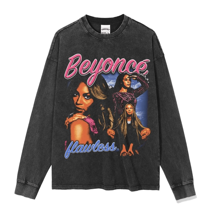 Vintage Print Long Sleeve T-Shirt Washed Black Unisex Cotton