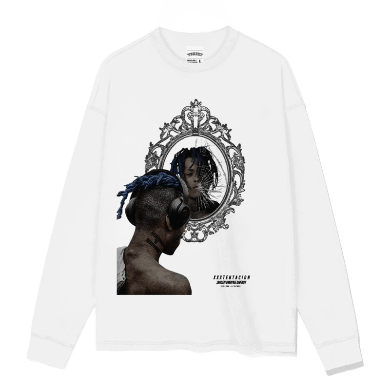 Vintage Print White Long Sleeve Cotton Tee Unisex Streetwear