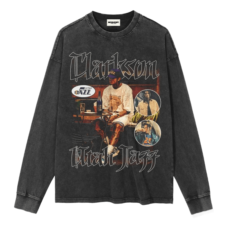 Vintage Utah Jazz Tee Retro Cotton Long Sleeve Graphic Top