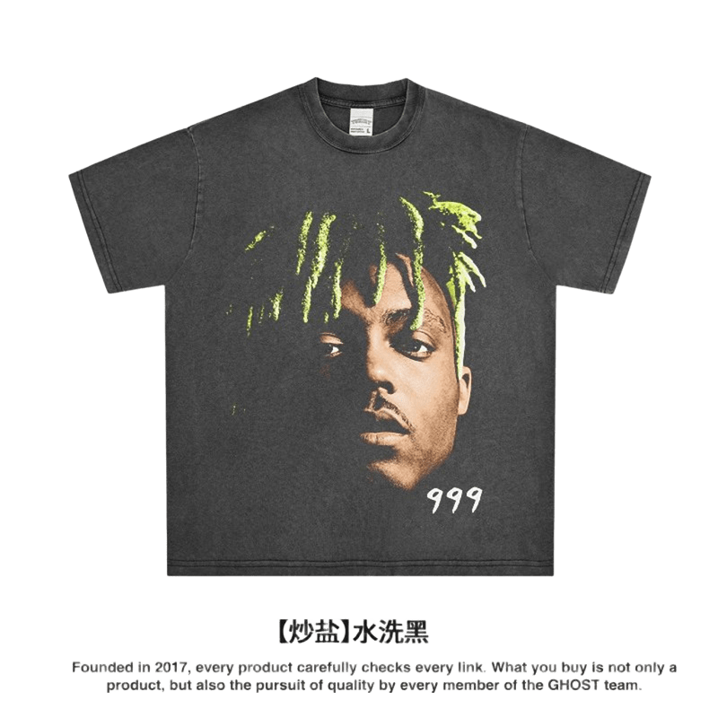 Vintage Wash Black Cotton T-Shirt, Unisex Streetwear 999 Print