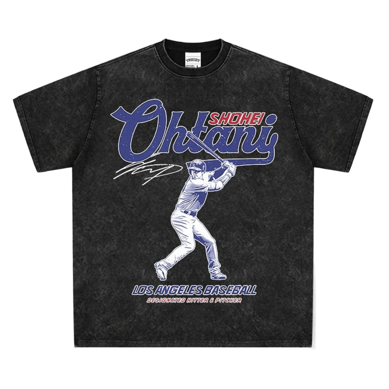Vintage Washed Black Baseball Tee: Ohtani & LA Logo