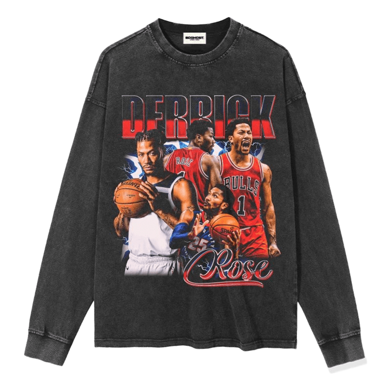 Vintage Washed Black Basketball Tee - D.Rose Bulls Design