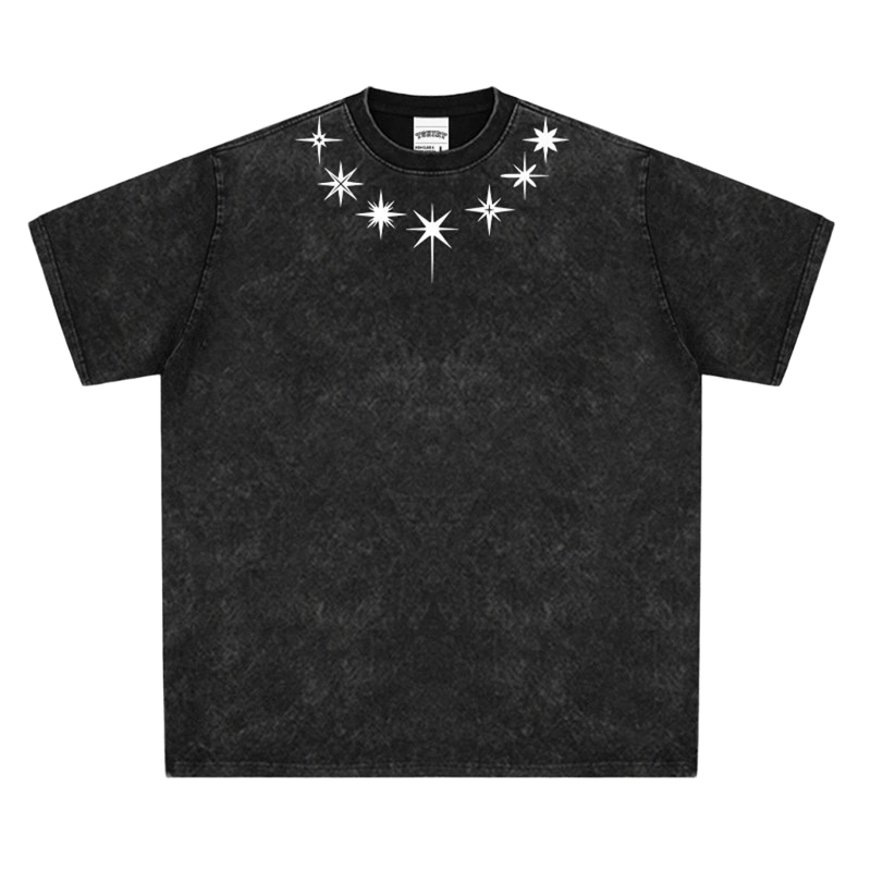 Vintage Washed Black Cotton T-Shirt w/ White Star Collar Unisex