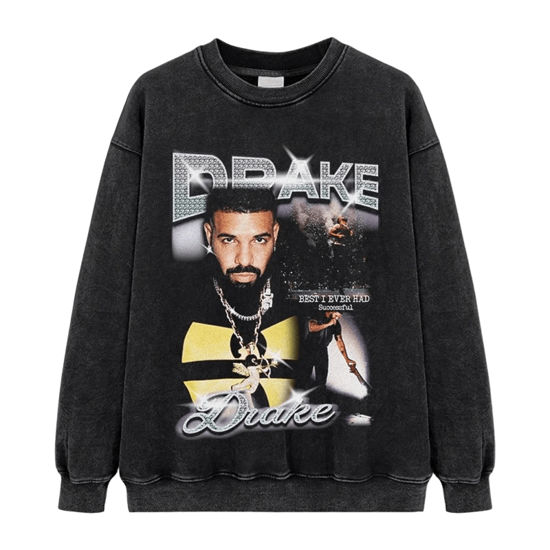 Vintage Washed Black DRAKE Cotton Crewneck - Unisex Streetwear