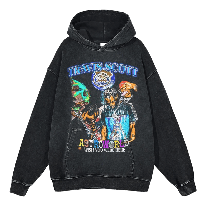 Vintage Washed Black Hoodie, Cotton, Skull Print Streetwear