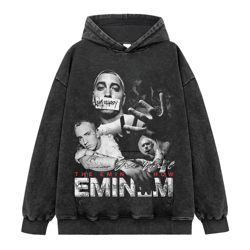 Vintage Washed Black Hoodie - Eminem Print Streetwear Unisex