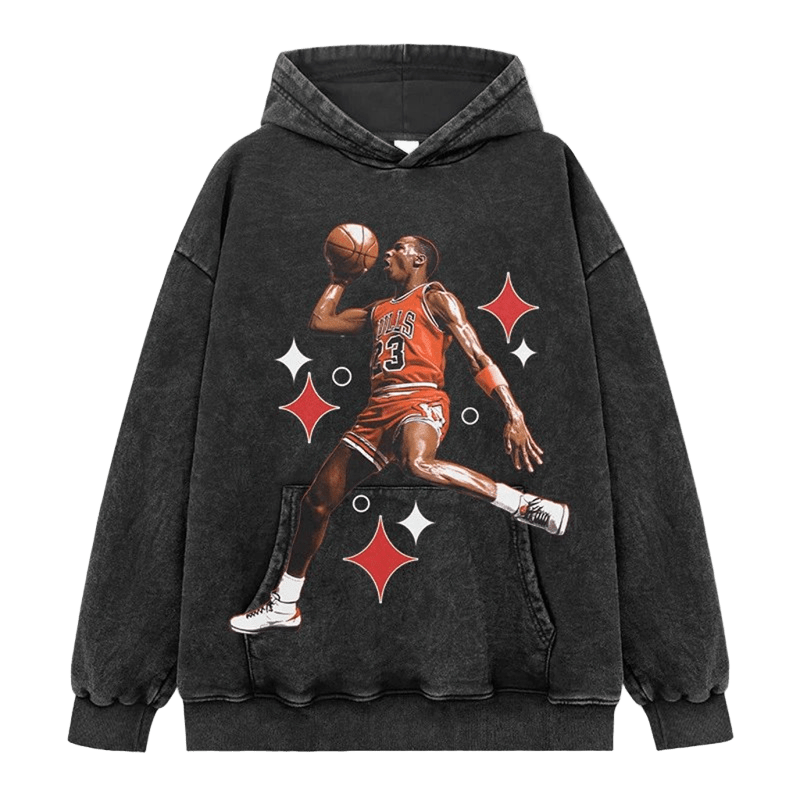 Vintage Washed Black Hoodie Unisex 23 Basketball Print Streetwear