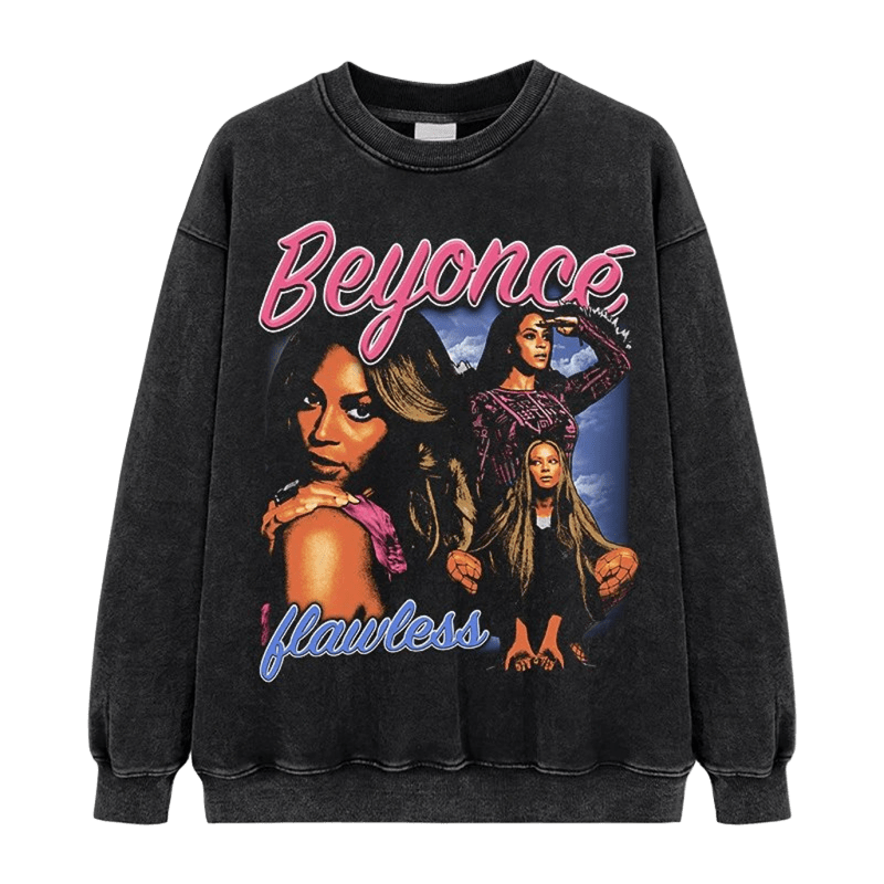 Vintage Washed Black Hoodie Unisex Beyoncé Flawless Print Streetwear