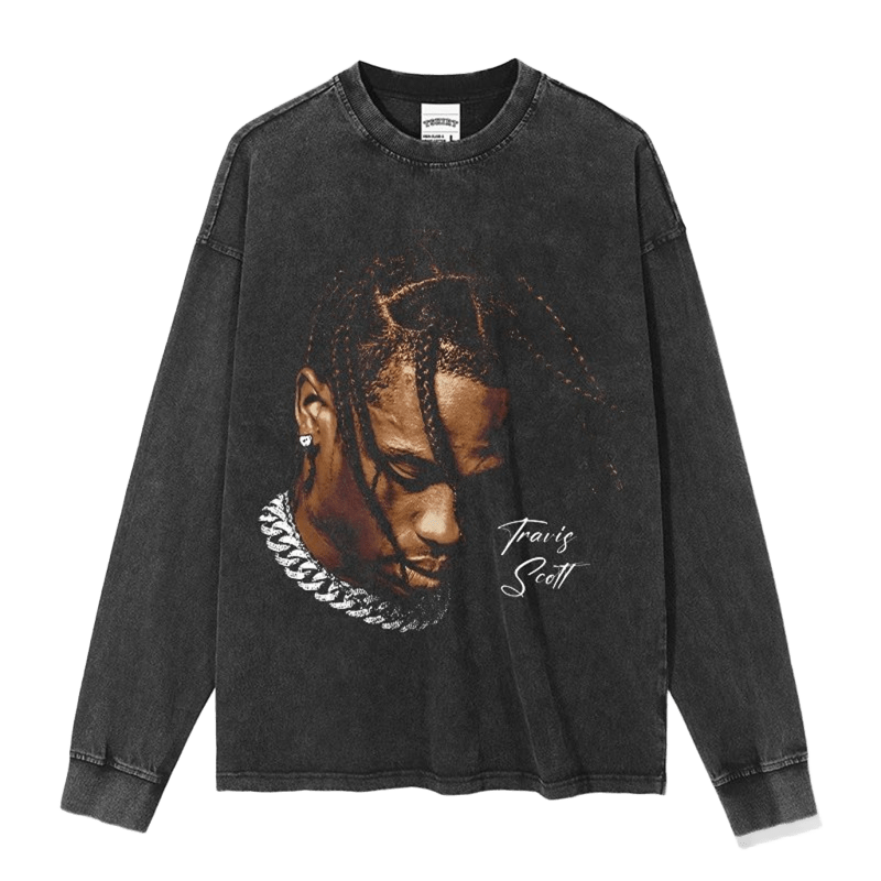 Vintage Washed Black Long Sleeve Tee, Travis Scott Graphic
