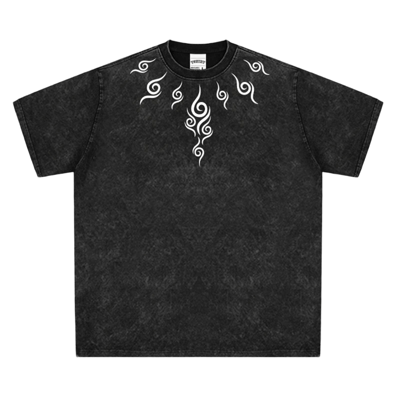 Vintage Washed Black Loose T-Shirt, Spiral Neckline, Unisex Streetwear