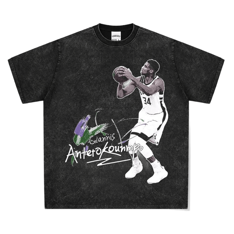 Vintage Washed Black T-Shirt: Giannis & Graffiti Streetwear