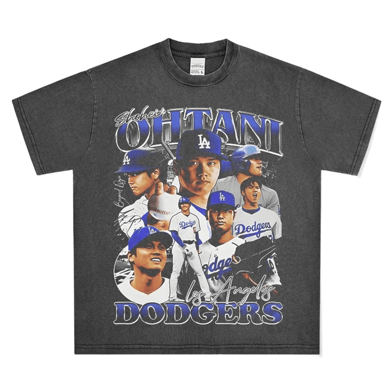 Vintage Washed Black Tee, Ohtani Dodgers Print, Unisex Streetwear