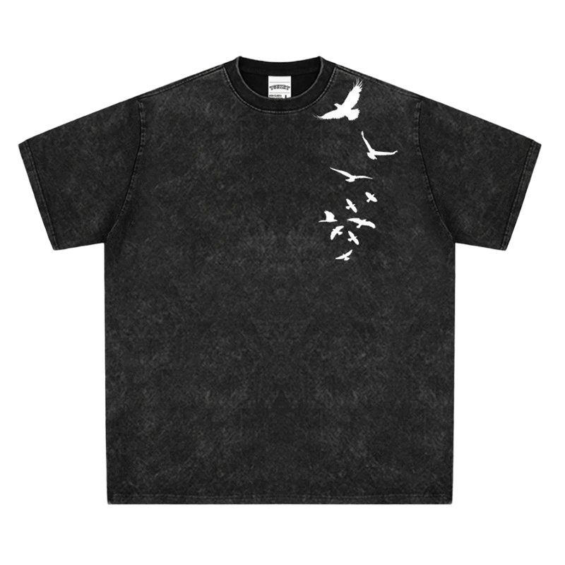 Vintage Washed Cotton Tee: Loose Fit, Flying Birds Print. Unisex