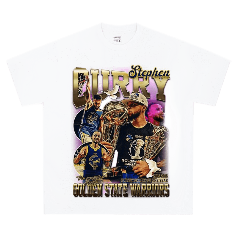 Warriors White Steph Curry T-Shirt, Dunk & Trophy Print
