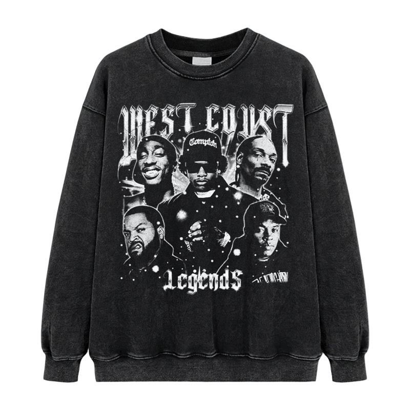 Washed Black Cotton Crewneck Sweatshirt - WEST COAST LEGENDS Print