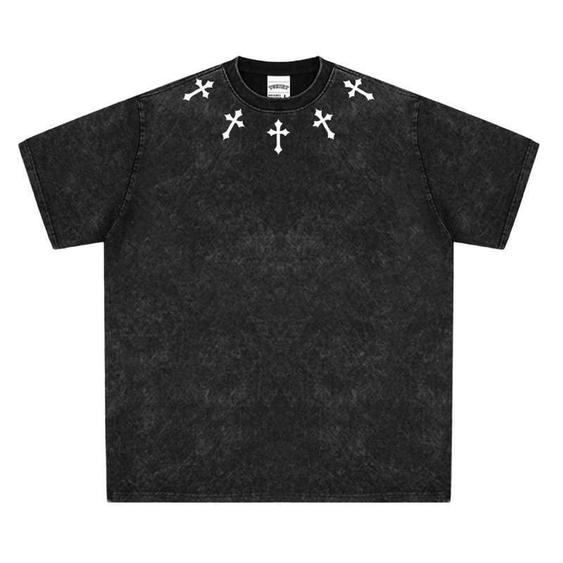Washed Black Cotton T-Shirt, All-Over White Cross Print, Unisex Streetwear