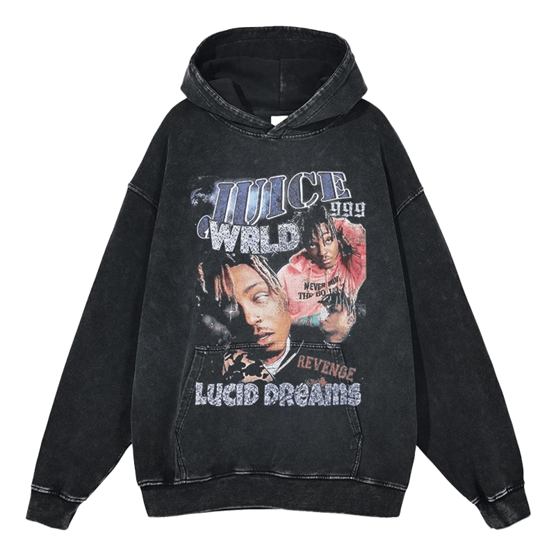 Washed Black JUICE WRLD Hoodie, Cotton, Vintage Street Style