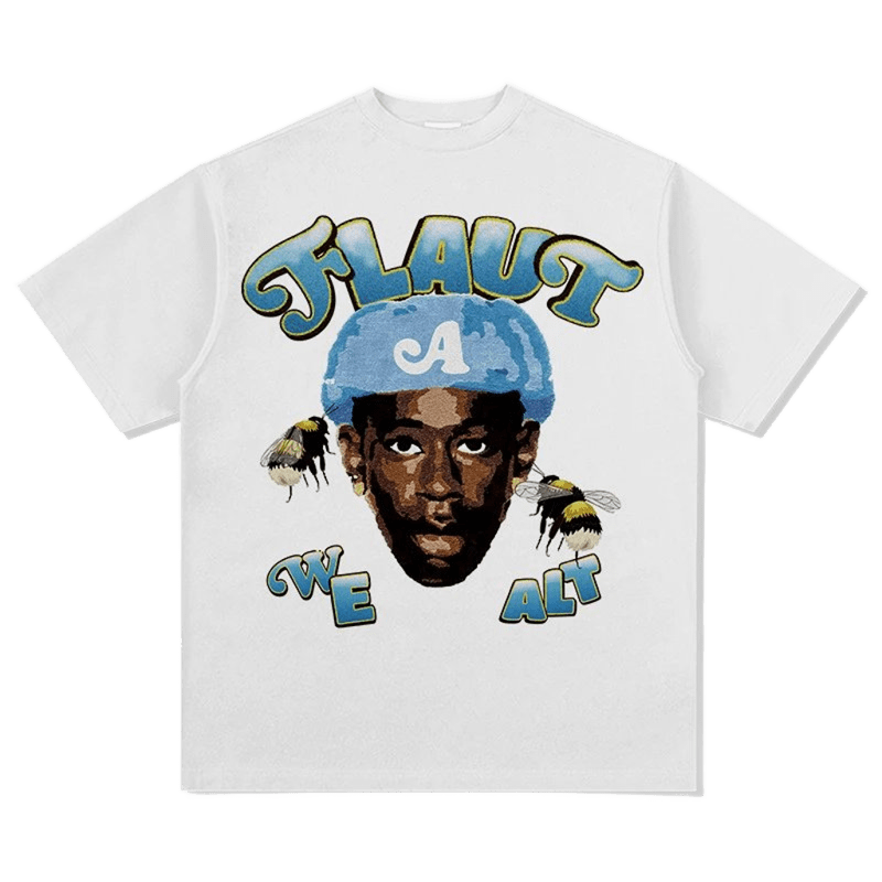 White Bee Print Tee - Vintage Cotton Unisex Street T-Shirt