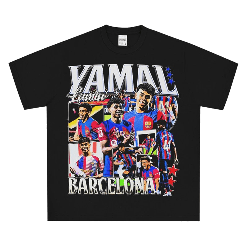 Yamal Barcelona Soccer Tee: Red/Blue Stripes, Unisex Cotton Jersey