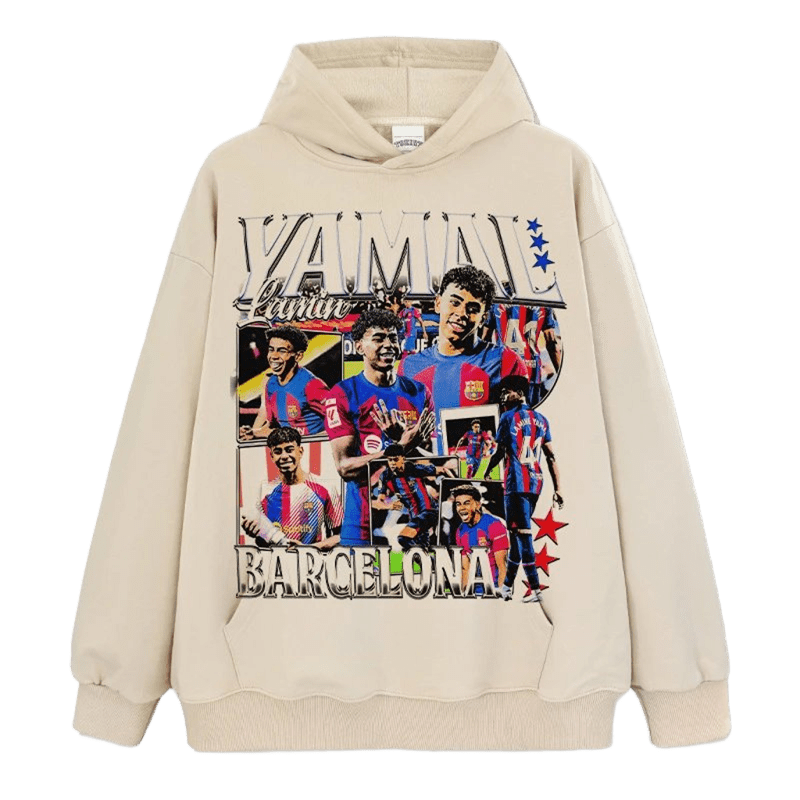 Yamal Print Off-White Hoodie, Unisex Cotton Streetwear